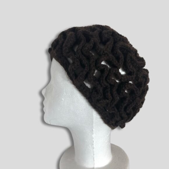 Handmade Knitted Brain Beret Beanie Hat Open Weave Slouchy Crocheted Dark Brown - Picture 1 of 7